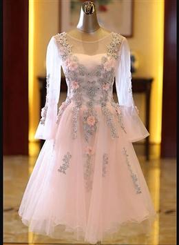 Picture of Adorable Pink Tulle Knee Length Long Sleeves Party Dresses, Pink Homecoming Dresses